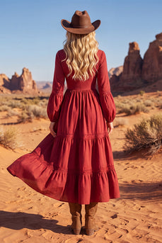 Red V-Neck A Line Maxi Long Sleeves Boho Dress