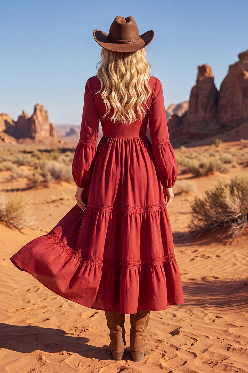 Load image into Gallery viewer, Red V-Neck A Line Maxi Long Sleeves Boho Dress