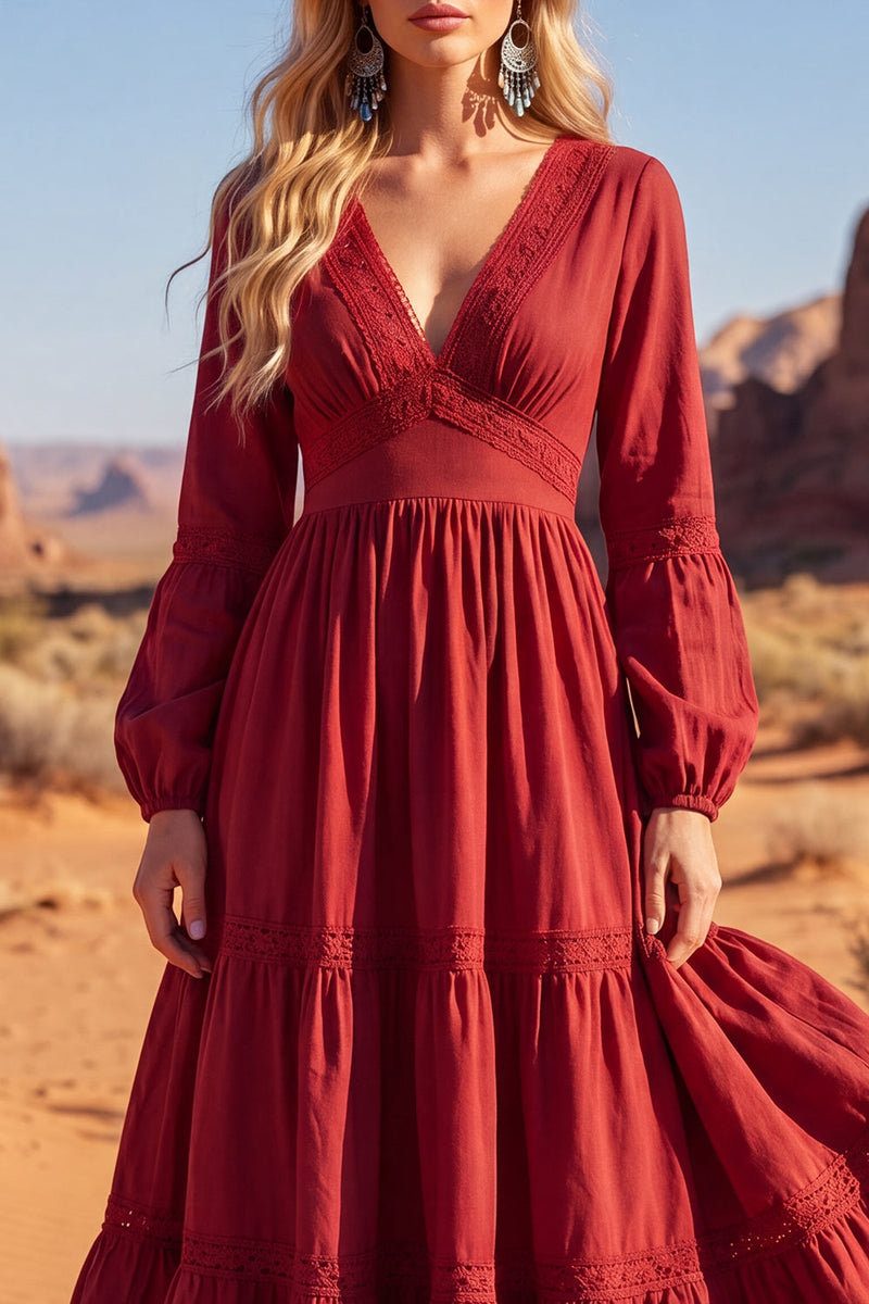 Load image into Gallery viewer, Red V-Neck A Line Maxi Long Sleeves Boho Dress
