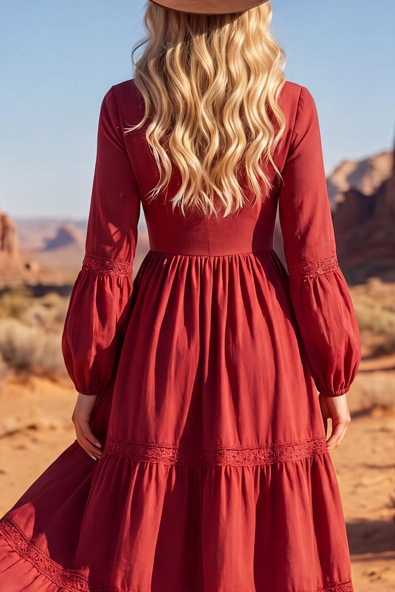 Load image into Gallery viewer, Red V-Neck A Line Maxi Long Sleeves Boho Dress
