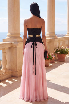 Pink Sweetheart Maxi A Line Color Block Formal Dress with Pleats