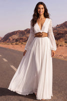 Load image into Gallery viewer, White Long V-Neck A Line Long Sleeves Boho Wedding Dress with Belt
