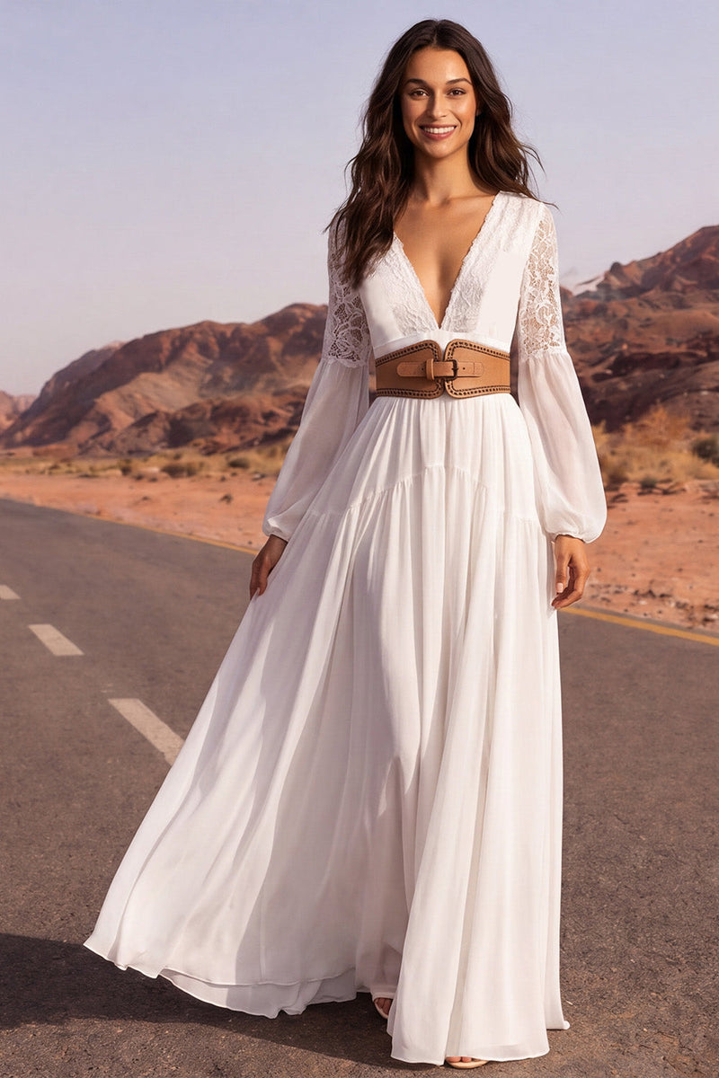 Load image into Gallery viewer, White Long V-Neck A Line Long Sleeves Boho Wedding Dress with Belt