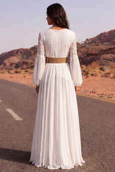 White Long V-Neck A Line Long Sleeves Boho Wedding Dress with Belt