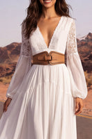 Load image into Gallery viewer, White Long V-Neck A Line Long Sleeves Boho Wedding Dress with Belt