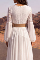 Load image into Gallery viewer, White Long V-Neck A Line Long Sleeves Boho Wedding Dress with Belt