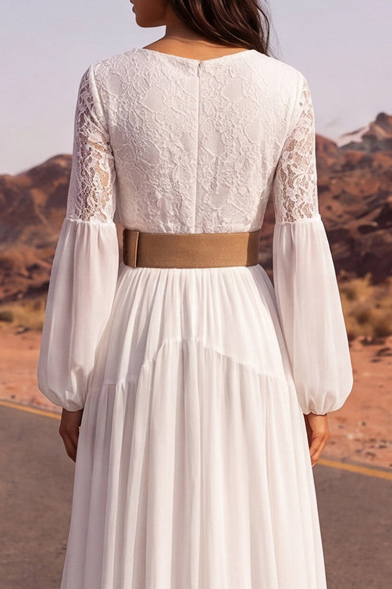 Load image into Gallery viewer, White Long V-Neck A Line Long Sleeves Boho Wedding Dress with Belt