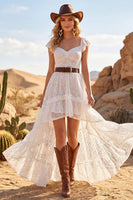 Load image into Gallery viewer, White High Low Lace Boho A Line Western Wedding Dress with Ruffles