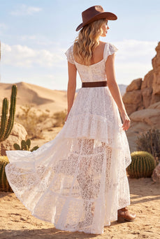 White High Low Lace Boho A Line Western Wedding Dress with Ruffles