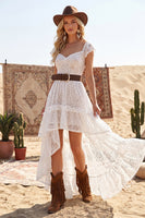 Load image into Gallery viewer, White High Low Lace Boho A Line Western Wedding Dress with Ruffles