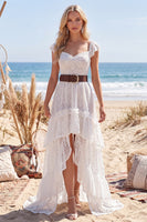 Load image into Gallery viewer, White High Low Lace Boho A Line Western Wedding Dress with Ruffles