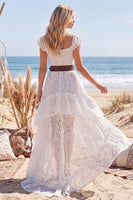 Load image into Gallery viewer, White High Low Lace Boho A Line Western Wedding Dress with Ruffles