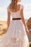 Load image into Gallery viewer, White High Low Lace Boho A Line Western Wedding Dress with Ruffles