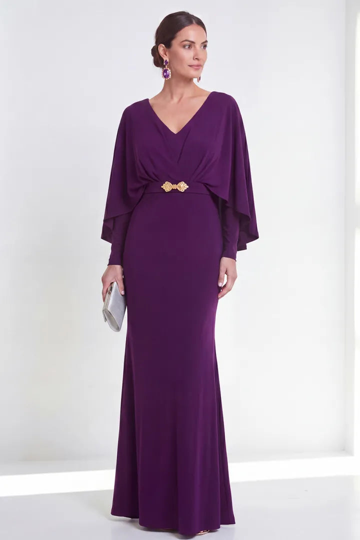 Load image into Gallery viewer, Mermaid Purple Maxi V-Neck Ruched Beaded Wedding Guest Dress