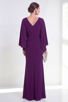 Mermaid Purple Maxi V-Neck Ruched Beaded Wedding Guest Dress