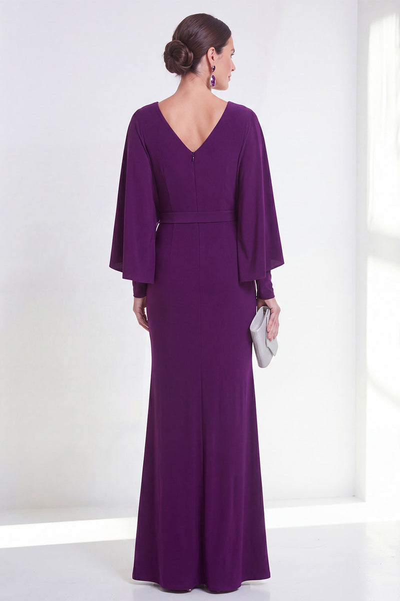 Load image into Gallery viewer, Mermaid Purple Maxi V-Neck Ruched Beaded Wedding Guest Dress