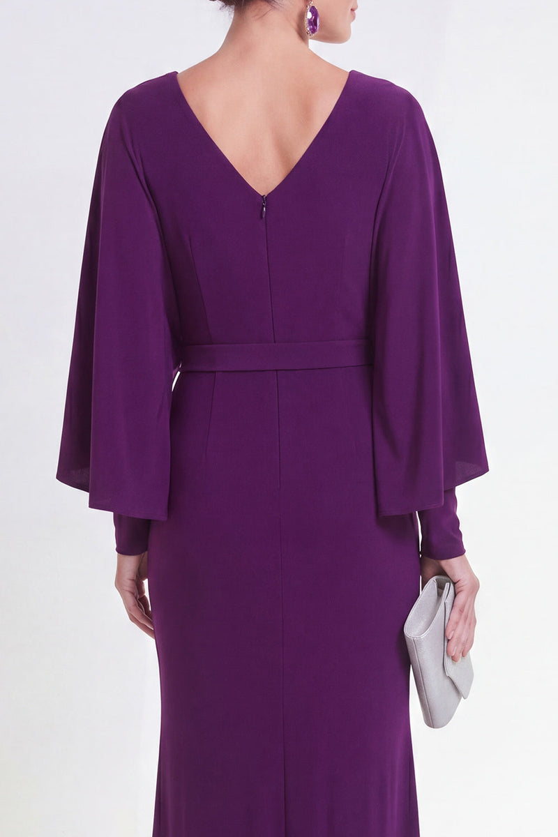 Load image into Gallery viewer, Mermaid Purple Maxi V-Neck Ruched Beaded Wedding Guest Dress