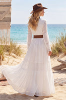 Load image into Gallery viewer, White Long Sleeves A Line Long V-Neck Western Wedding Dress with Belt