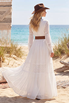 White Long Sleeves A Line Long V-Neck Western Wedding Dress with Belt