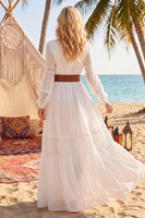 Load image into Gallery viewer, White Long Sleeves A Line Long V-Neck Western Wedding Dress with Belt