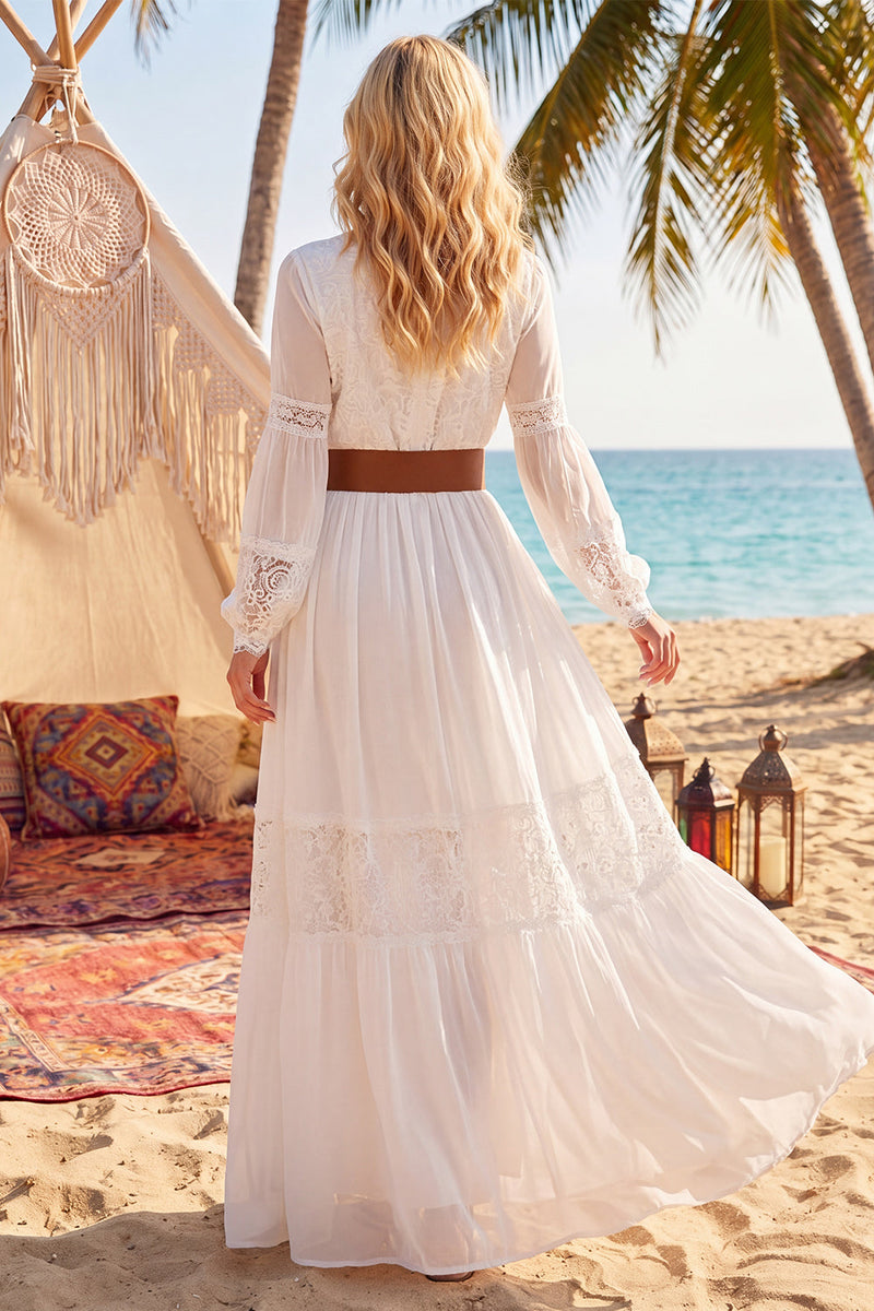 Load image into Gallery viewer, White Long Sleeves A Line Long V-Neck Western Wedding Dress with Belt