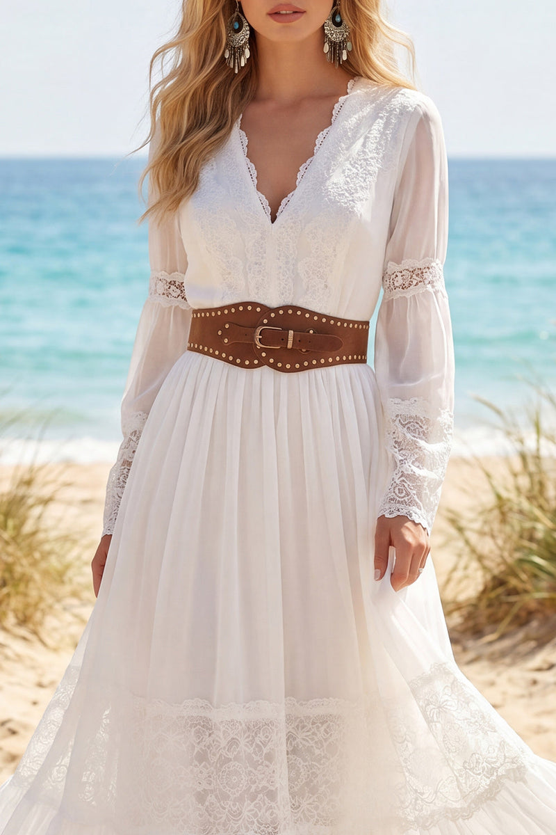Load image into Gallery viewer, White Long Sleeves A Line Long V-Neck Western Wedding Dress with Belt