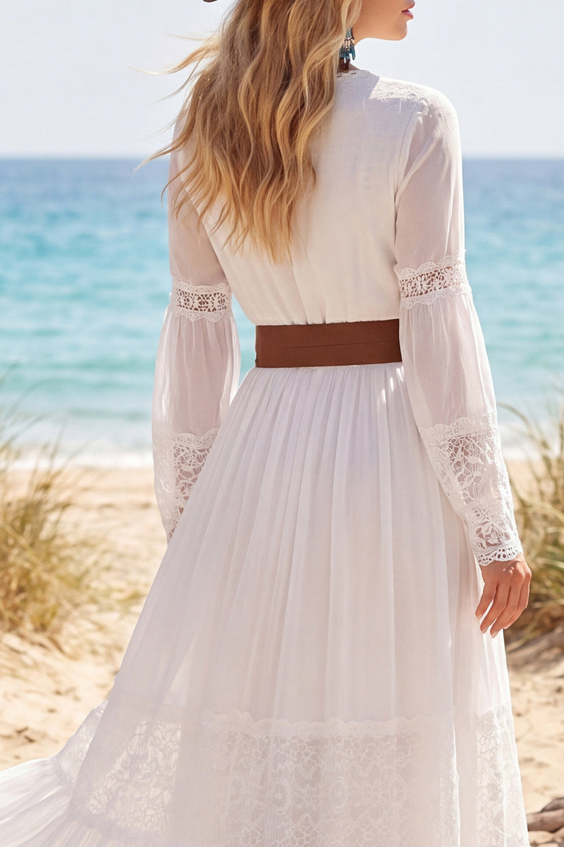 Load image into Gallery viewer, White Long Sleeves A Line Long V-Neck Western Wedding Dress with Belt