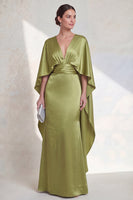 Load image into Gallery viewer, Mermaid Green Maxi V-Neck Ruched Wedding Guest Dress with Cape