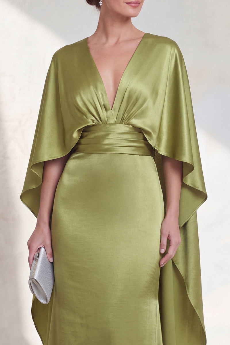 Load image into Gallery viewer, Mermaid Green Maxi V-Neck Ruched Wedding Guest Dress with Cape