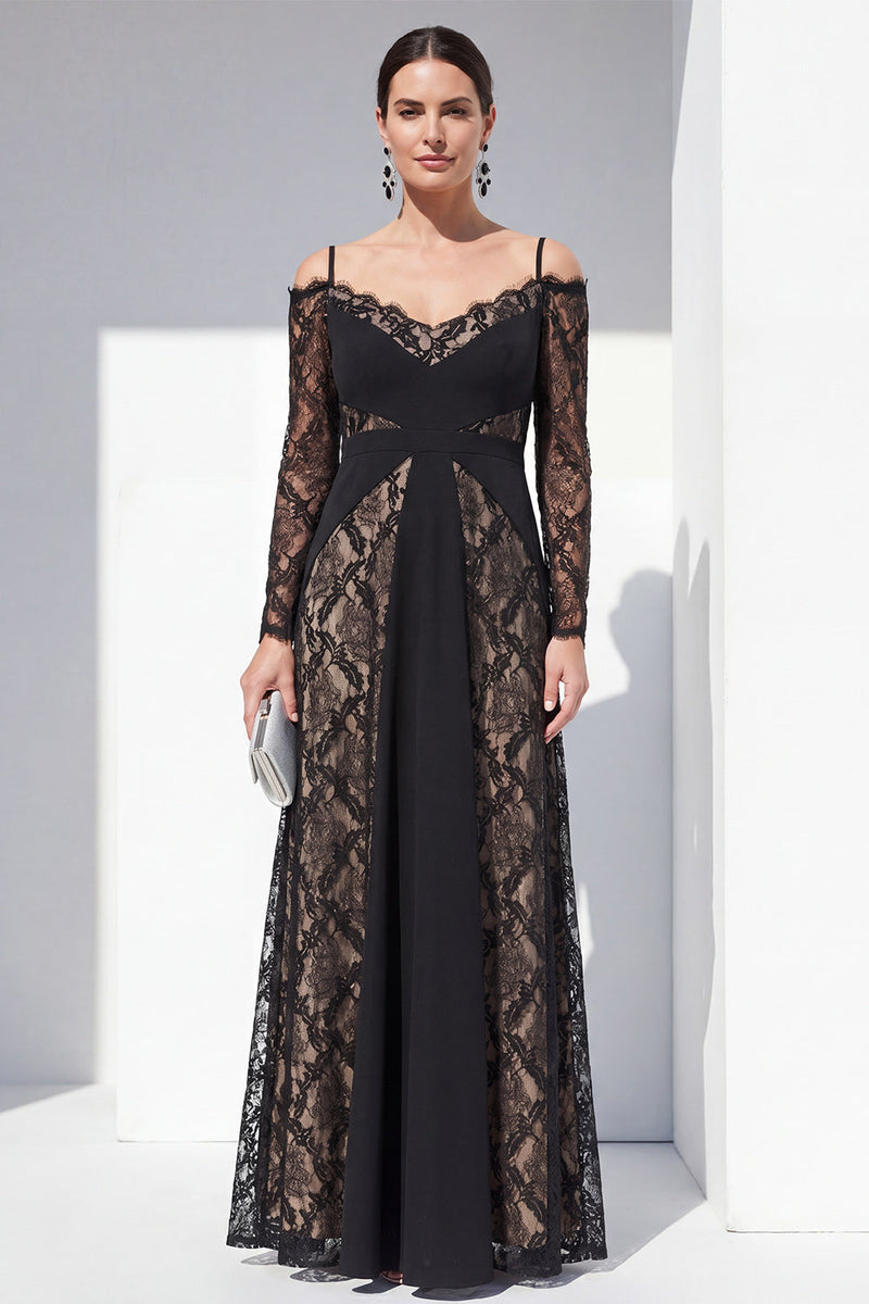 Load image into Gallery viewer, Lace Black Spaghetti Straps Maxi A Line Formal Dress with Sleeves