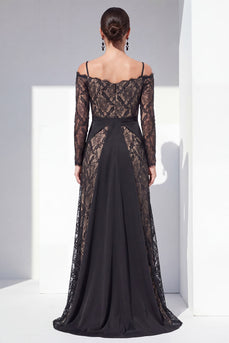 Lace Black Spaghetti Straps Maxi A Line Formal Dress with Sleeves