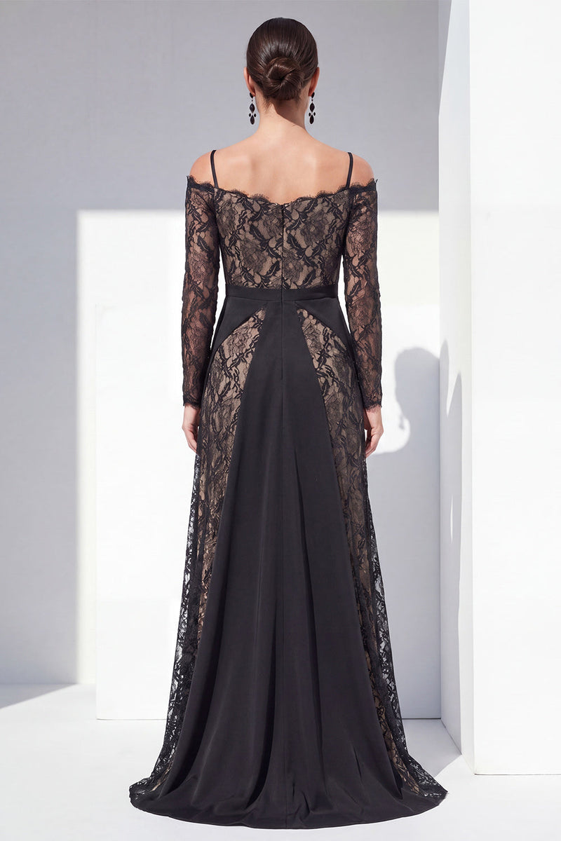 Load image into Gallery viewer, Lace Black Spaghetti Straps Maxi A Line Formal Dress with Sleeves