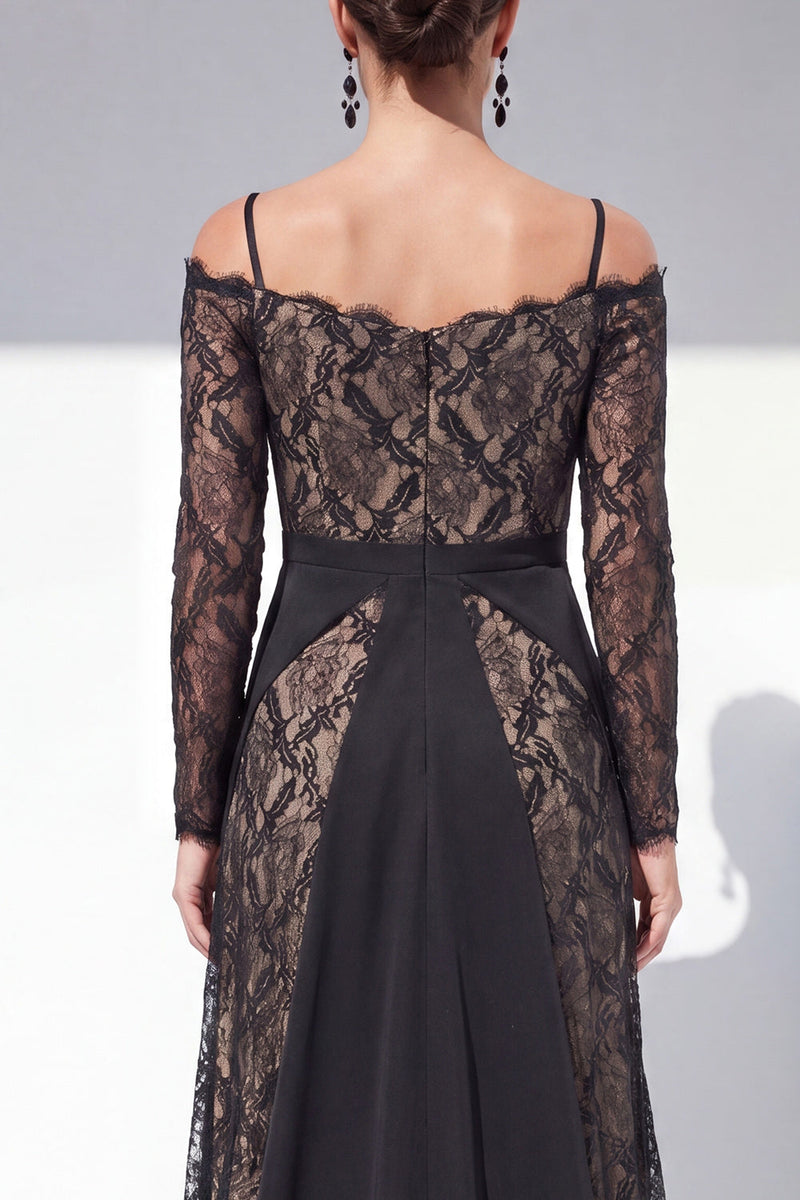 Load image into Gallery viewer, Lace Black Spaghetti Straps Maxi A Line Formal Dress with Sleeves