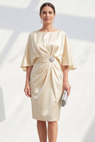 Load image into Gallery viewer, Boat Neck Bodycon Champagne Midi Ruched Wedding Guest Dress