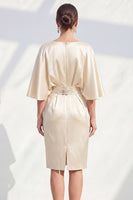 Load image into Gallery viewer, Boat Neck Bodycon Champagne Midi Ruched Wedding Guest Dress