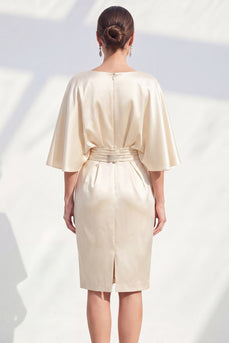 Boat Neck Bodycon Champagne Midi Ruched Wedding Guest Dress