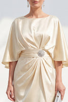Load image into Gallery viewer, Boat Neck Bodycon Champagne Midi Ruched Wedding Guest Dress