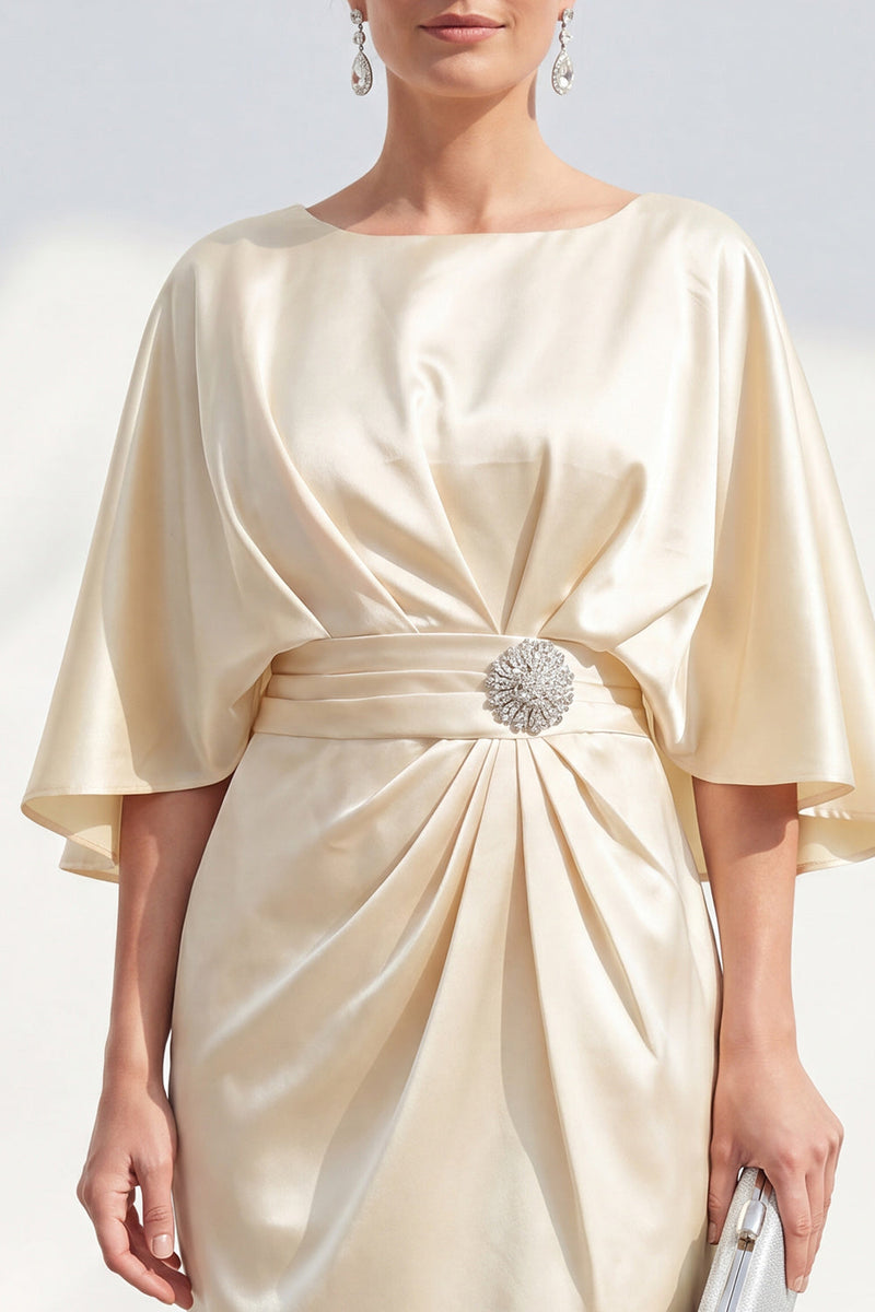 Load image into Gallery viewer, Boat Neck Bodycon Champagne Midi Ruched Wedding Guest Dress