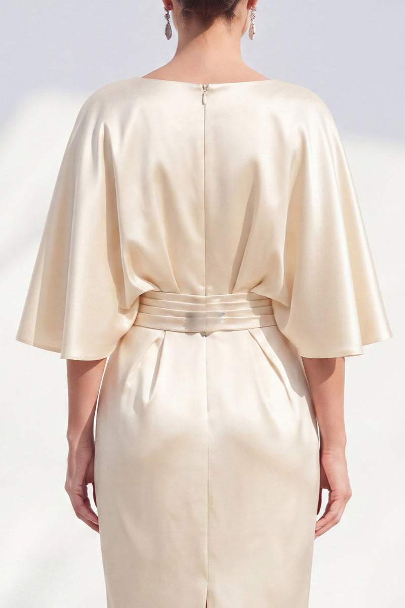 Load image into Gallery viewer, Boat Neck Bodycon Champagne Midi Ruched Wedding Guest Dress