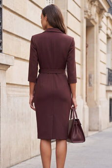 Bodycon Notched Lapel Brown Midi Work Dress with Belt