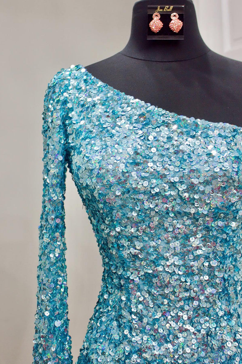 Load image into Gallery viewer, Blue Sequins Party Dress with Sleeves