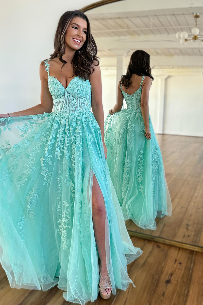 Load image into Gallery viewer, Light Green Off the Shoulder Prom Dress with Appliques
