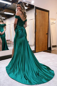 Sparkly Dark Green Corset Detachable Neck Mermaid Long Prom Dress with Slit