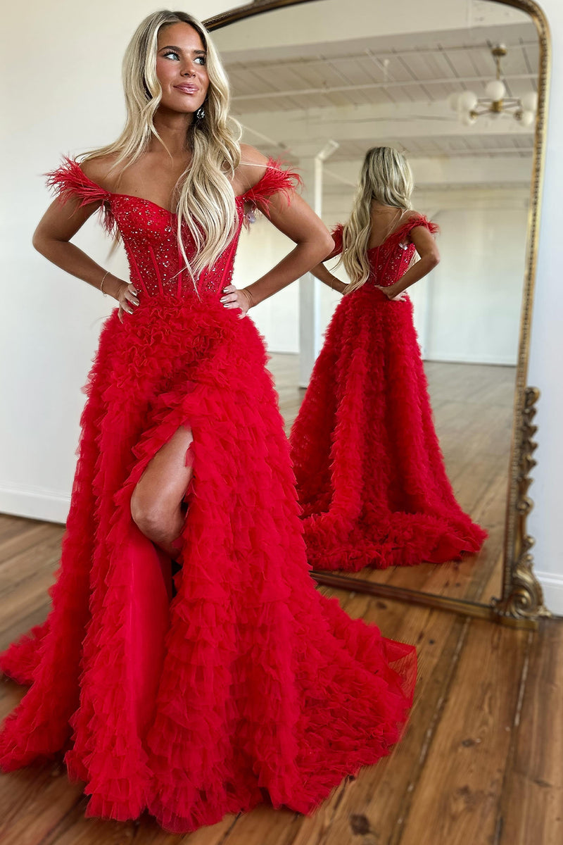 Load image into Gallery viewer, Princess A Line Off the Shoulder Pink Long Prom Dress with Feather