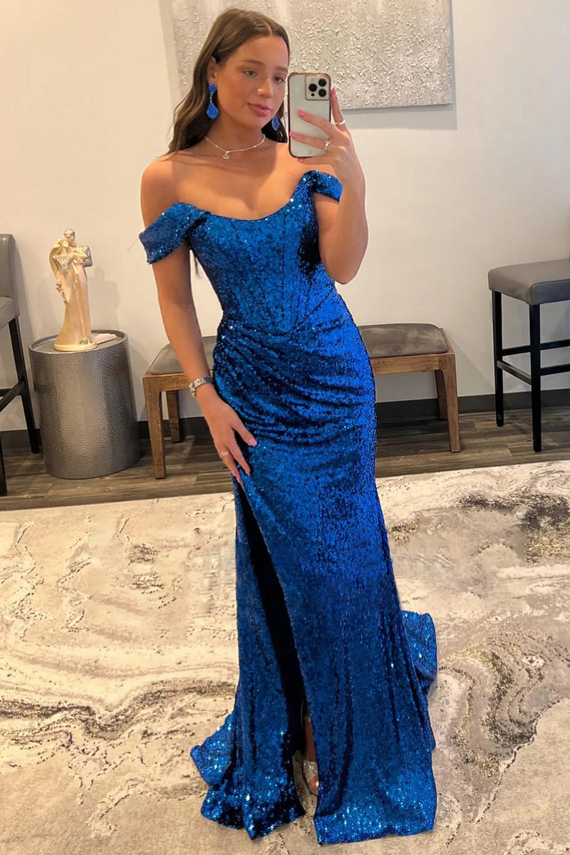 Load image into Gallery viewer, Turquoise Off Shoulder Mermaid Prom Dress with Slit