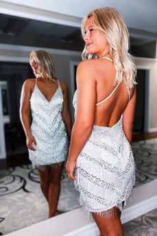 Sparkly Silver Sequins Tight Short Party Dress with Fringes