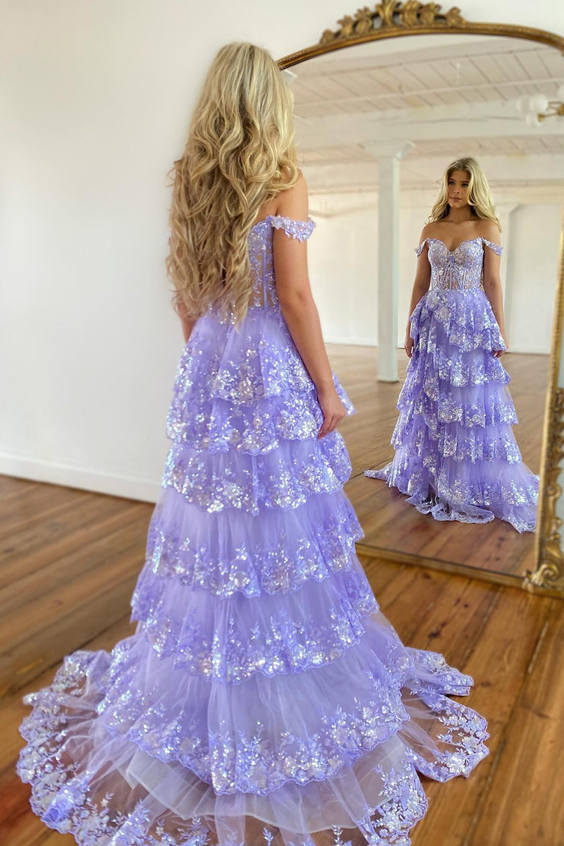 Load image into Gallery viewer, Dark Blue Off The Shoulder Tiered Prom Dress