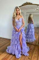 Load image into Gallery viewer, Blue Corset Tiered Lace Prom Dress with Slit