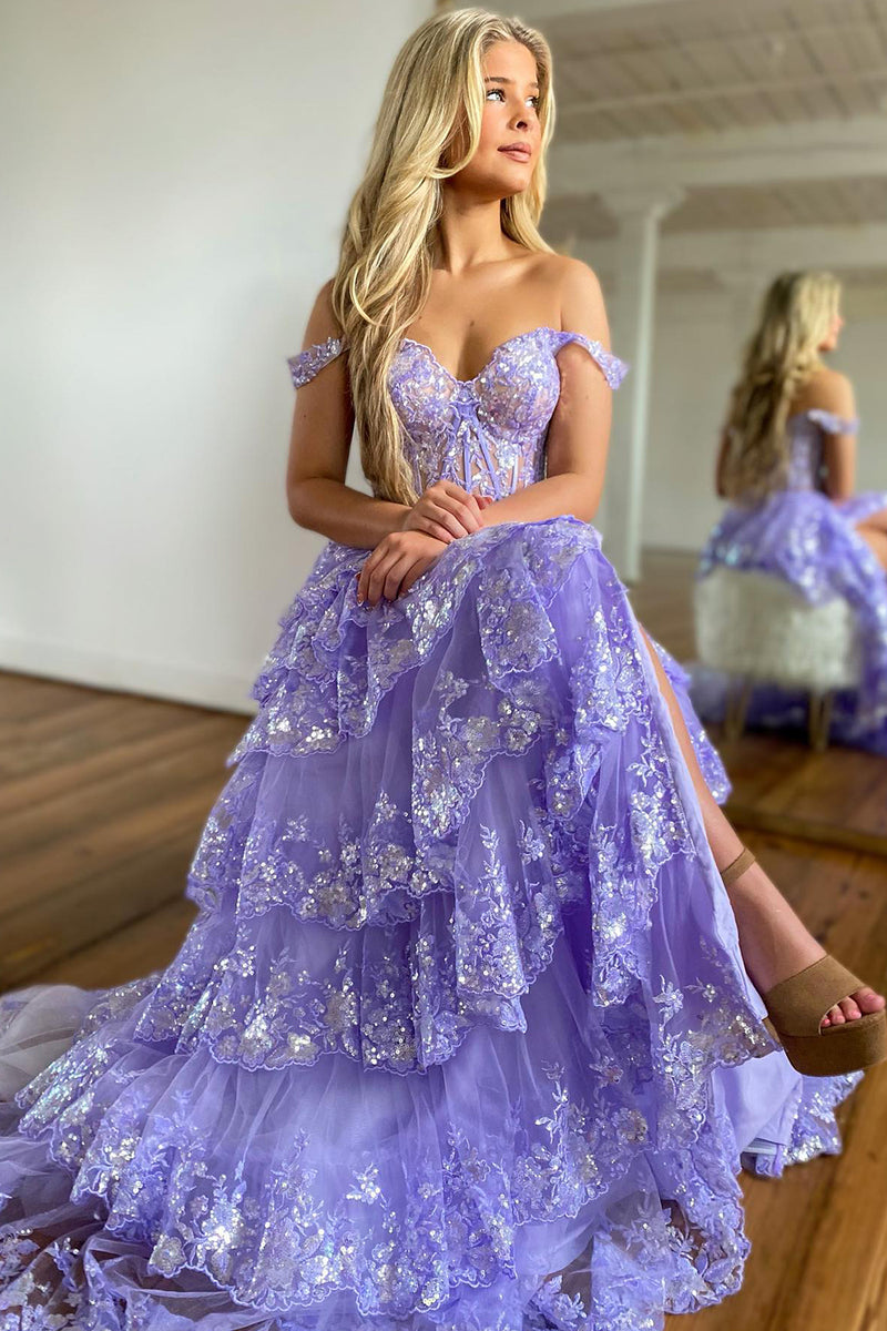 Load image into Gallery viewer, Blue Corset Tiered Lace Prom Dress with Slit