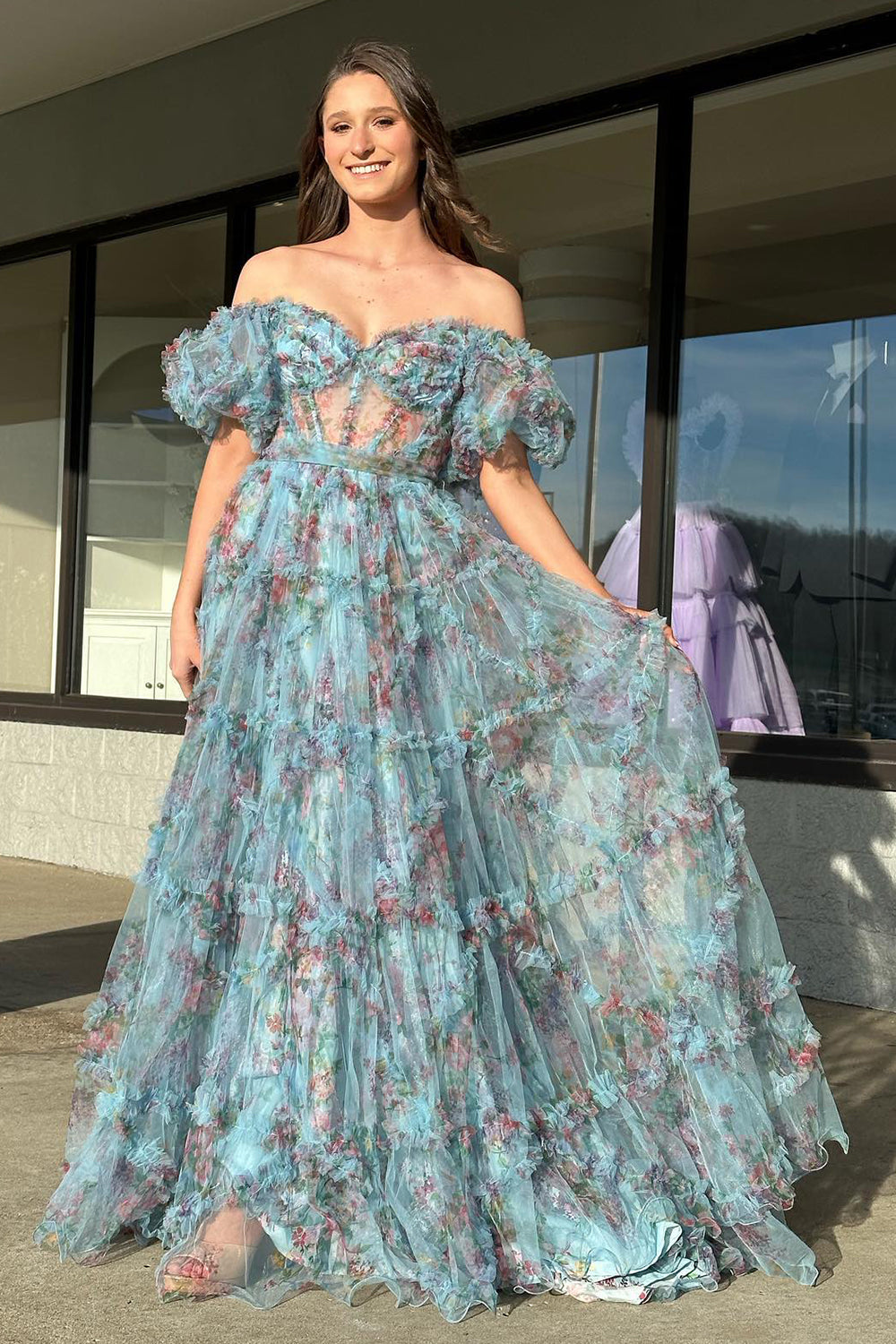 Green Flower Off The Shoulder Prom Dress